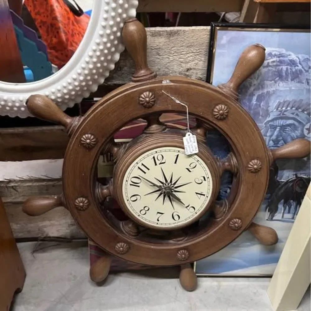 Vintage Nautical Wood New Haven Ship's Wheel Wall Clock